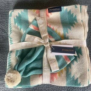Pendleton Falcon Cove Tan Knit Baby Blanket with Beanie
